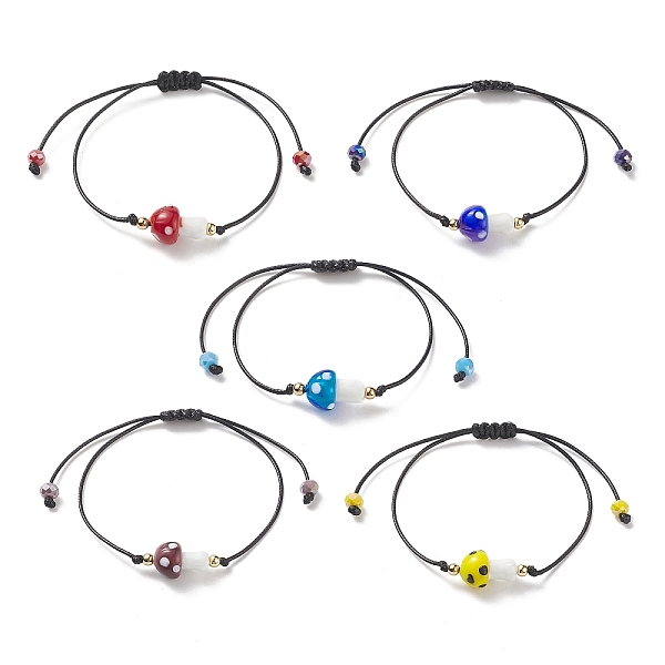 

PandaHall 5Pcs 5 Color Lampwork Mushroom Braided Bead Bracelets, Adjustable Stackable Bracelets for Women, Mixed Color, Inner Diameter..., Multicolor