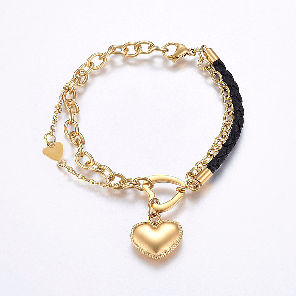 

PandaHall 304 Stainless Steel Link & Charm Bracelets, with Lobster Claw Clasps and Leather Cord, Heart, Golden, 8-1/4 inch(21cm), 2~15mm..., Black