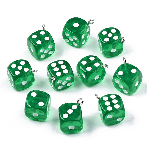

PandaHall Transparent Epoxy Resin Pendants, with Platinum Plated Iron Loop, Dice, Medium Sea Green, 23x19x19mm, Hole: 2mm Iron+Resin Cube