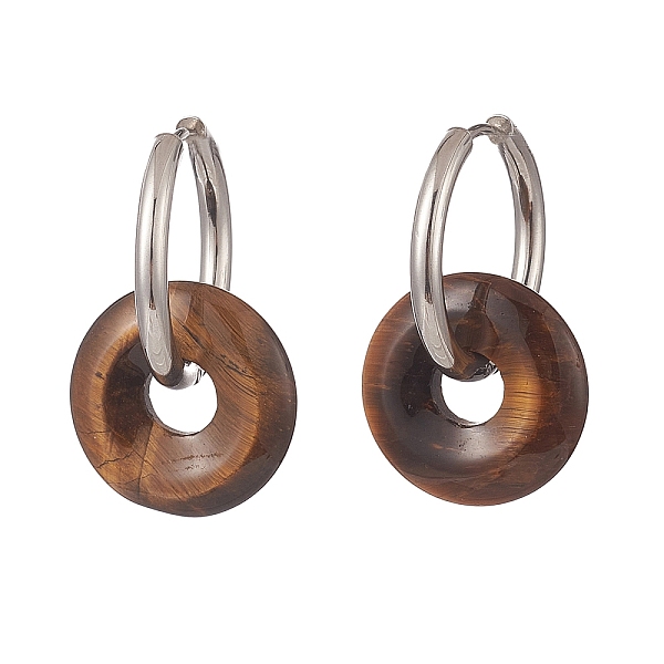 

PandaHall Natural Tiger Eye Pi Disc/Donut Dangle Hoop Earrings, 304 Stainless Steel Jewelry for Women, 29.5mm, Pin: 1mm Tiger Eye Donut