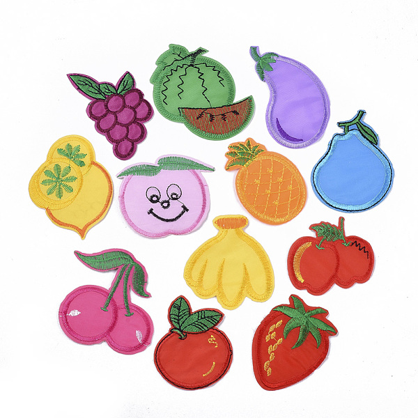 

PandaHall Computerized Embroidery Cloth Iron On/Sew On Patches, Costume Accessories, Grape & Watermelon & Eggplant & Lemon & Peach &..., Multicolor