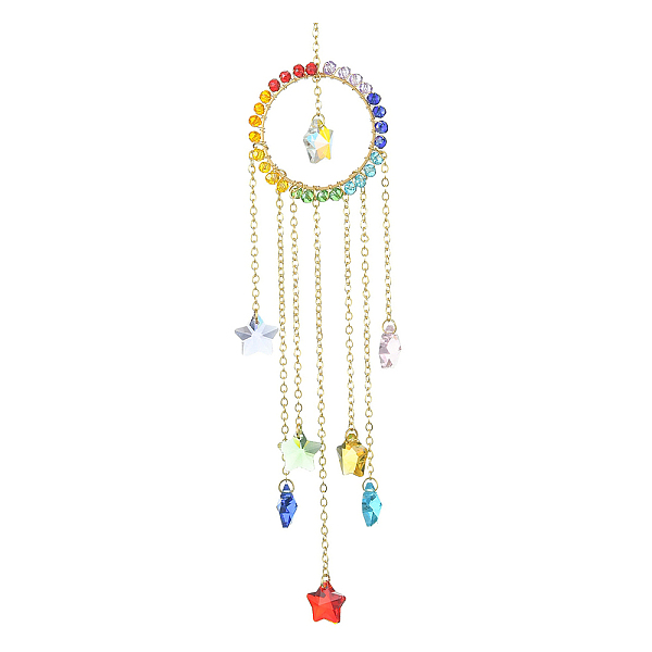 

PandaHall Round & Star Copper Wire Wrapped Glass Pendant Decorations, Brass Hanging Ornaments, Colorful, 230mm Glass Star