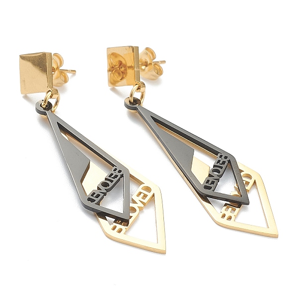 

PandaHall Ion Plating(IP) 304 Stainless Steel Dangle Stud Earrings, with Ear Nuts, Rhombus with Word Beloved, Golden, 60mm, Pin: 0.8mm 304...