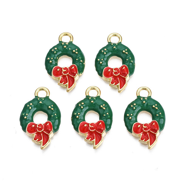 

PandaHall Rack Plating Alloy Enamel Charms, Cadmium Free & Nickel Free & Lead Free, Light Gold, Christmas Wreath, Dark Green, 24x14.5x3mm...