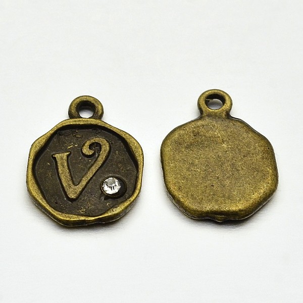 

PandaHall Antique Bronze Plated Alloy Rhinestone Charms, Flat Round with Letter.V, Nickel Free, 13x10x1.5mm, Hole: 1mm Alloy+Rhinestone..., Clear