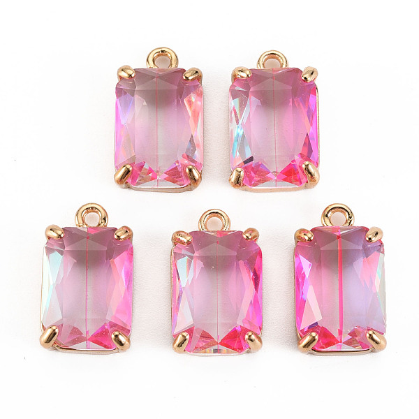 

PandaHall Transparent Glass Pendants, with Brass Prong Settings, Faceted, Rectangle, Light Gold, Hot Pink, 17x10x5.5mm, Hole: 1.6mm...