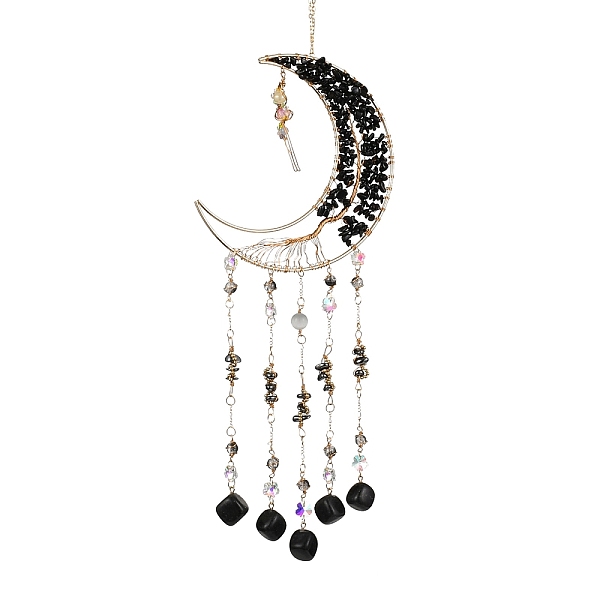 

PandaHall Natural Black Agete Wind Chime, with Glass Beads and Iron Ring, Moon, 511mm Black Agate Moon