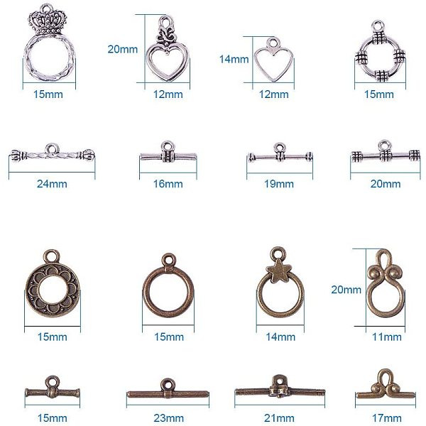 

PandaHall Tibetan Style Alloy Toggle Clasps, Lead Free, Mixed Color, Toggle: 14~25x6~15x1.5~2mm, hole: 1.5~3.5mm, Bar: 16.5~29x3~9mm, hole...