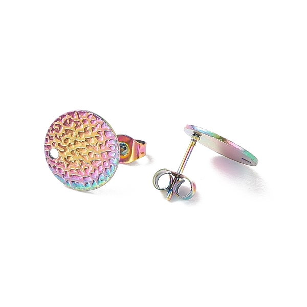 

PandaHall Ion Plating(IP) 304 Stainless Steel Ear Stud Findings, with Ear Nuts/Earring Backs and Hole, Textured Flat Round with Spot Lines...