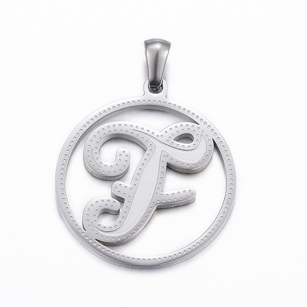 

PandaHall 304 Stainless Steel Pendants, Flat Round with Letter.F, Stainless Steel Color, 28x25x1.2mm, Hole: 6x3mm 304 Stainless Steel Letter...