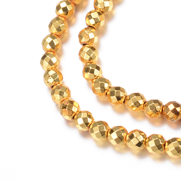 

PandaHall Electroplate Non-magnetic Synthetic Hematite Bead Strands, Round, Faceted, Golden Plated, 8mm, Hole: 1mm, about 50pcs/strand, 15.7...