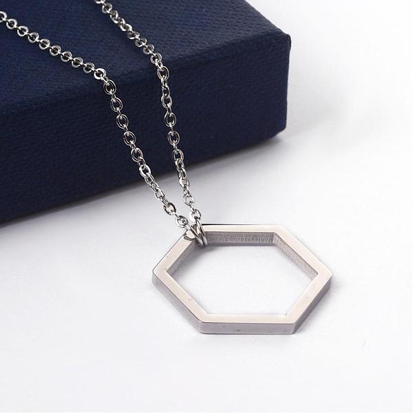 

PandaHall 304 Stainless Steel Pendant Necklaces, Hexagon, Stainless Steel Color, 15.35 inch(39cm), 1.5mm 304 Stainless Steel