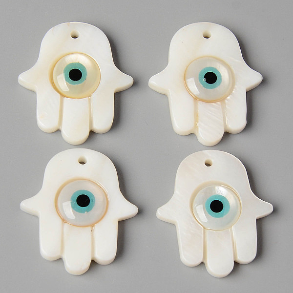 

PandaHall Natural Freshwater Shell Pendants, with Enamel, Hamsa Hand/Hand of Fatima/Hand of Miriam with Evil Eye, Turquoise, 27x24x5mm, Hole...