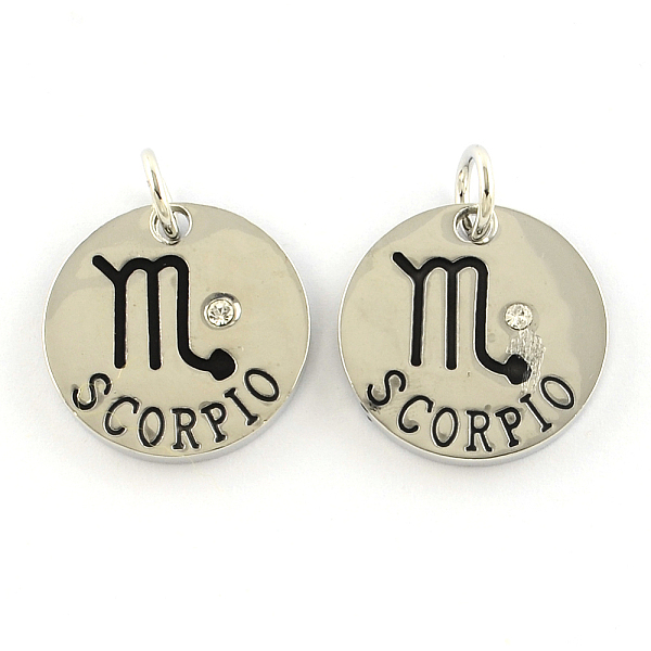 

PandaHall Alloy Pendants, with Rhinestone, Flat Round, with Constellation/Zodiac Sign, Platinum, Scorpio, 22x2.5mm, Hole: 5.5mm..., Clear