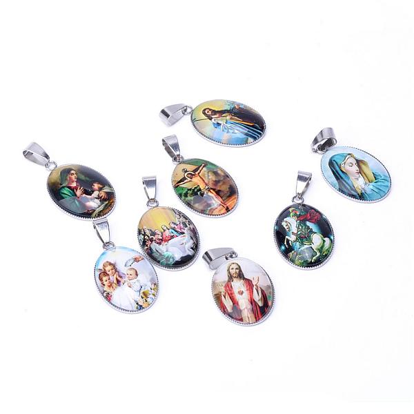 

PandaHall Jesus & Virgin Mary Theme Glass Pendants, with 201 Stainless Steel Findings, Oval, Mixed Color, 29.5x18.5x5~6mm, Hole: 4x6mm..., Multicolor