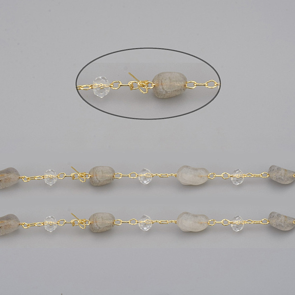 

PandaHall 3.28 Feet Handmade Natural Labradorite Beaded Chains, with Rondelle Glass Beads and Golden Brass Cable Chains, Long-Lasting Plated..., Clear