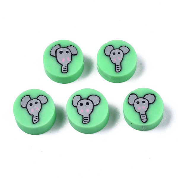 PandaHall Handmade Polymer Clay Beads, for DIY Jewelry Crafts Supplies, Flat Round with Elephant, Spring Green, 9~9.5x3.5~5mm, Hole: 1.6mm...