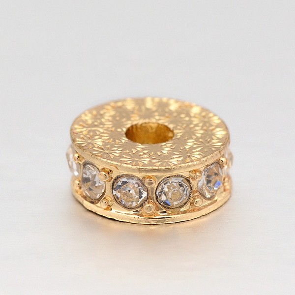 

PandaHall Rack Plating Flat Round Alloy Rhinestone Beads, Long-Lasting Plated, Light Gold, 13x5mm, Hole: 4mm Alloy+Rhinestone Flat Round..., Clear
