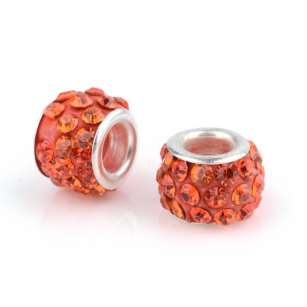

PandaHall Polymer Clay Rhinestone European Beads, Large Hole Beads, Rondelle, with Silver Color Plated Brass Cores, Hyacinth, 10~12x7~8mm..., Red