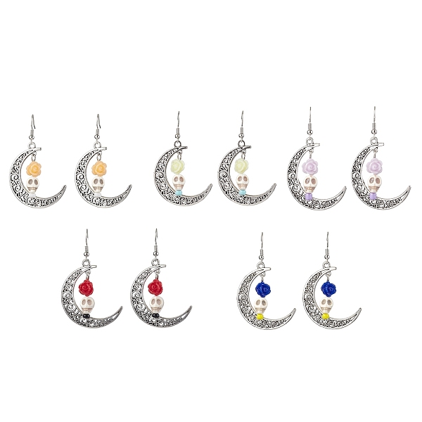 

PandaHall Halloween Alloy Synthetic Turquoise Dangle Earrings, Brass Resin Earring for Women, Moon with Skull, Mixed Color, 58x35mm..., Multicolor