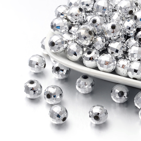 

PandaHall Faceted Round Plated Acrylic Beads, Silver Plated, 10mm, Hole: 1.5mm, about 800pcs/pound Acrylic Round Silver