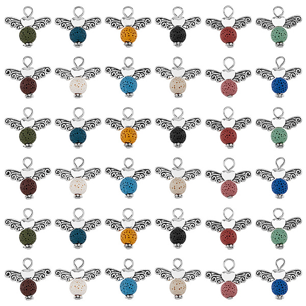 

PandaHall 48Pcs 12 Colors Natural Lava Rock Dyed Pendants, Round Charms with Antique Silver Plated Alloy Wings, 21x24x8mm, Hole: 3.5mm...