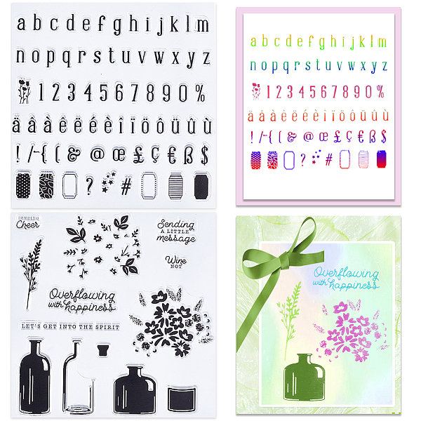 

PandaHall CRASPIRE 2 Styles Clear Stamps Number Phonetic Symbol Bottle Flower Words Reusable Background Postmark Transparent Silicone Stamp...