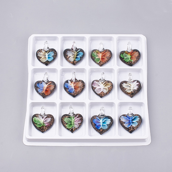 

PandaHall Handmade Gold Sand Lampwork Pendants, Inner Flower, Heart, Mixed Color, 41~46x36~38x15~16mm, Hole: 8mm, Box Size: 20x19.5x1.3cm..., Multicolor
