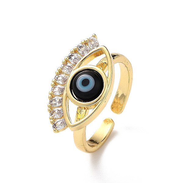 

PandaHall Lampwork Evil Eye Open Cuff Ring with Clear Cubic Zirconia, Real 18K Gold Plated Brass Jewelry for Women, Black, Inner Diameter...