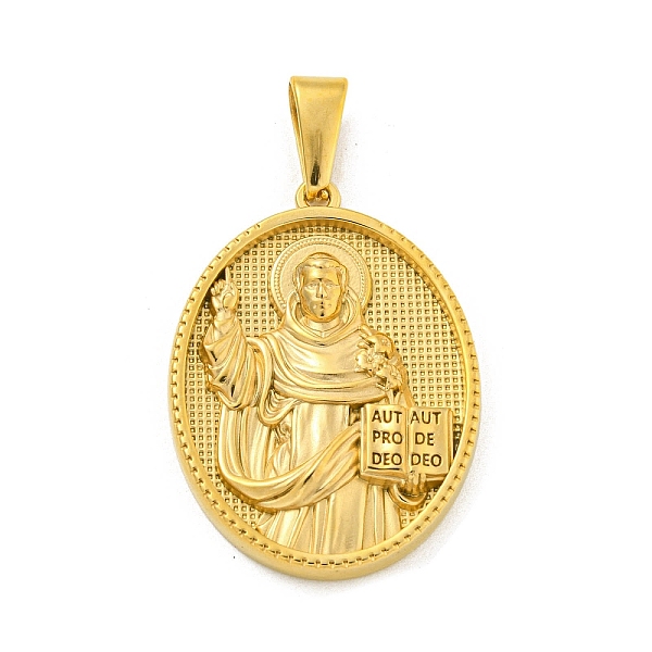 

PandaHall Ion Plating(IP) 304 Stainless Steel Pendants, Oval with Saint Charm, Golden, 35.5x26x4mm, Hole: 9.5x5mm 304 Stainless Steel Oval