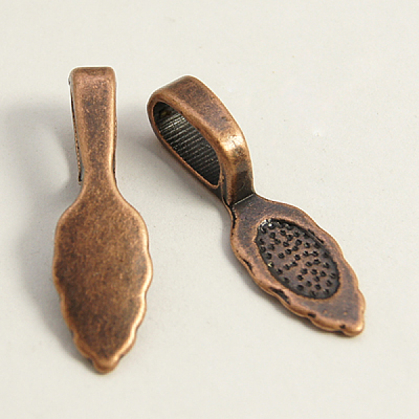 

PandaHall Tibetan Style Alloy Glue-on Flat Pad Bails, Cadmium Free & Lead Free, Red Copper, 26x8x7mm, Hole: 5x8mm, about 735pcs/1000g Alloy