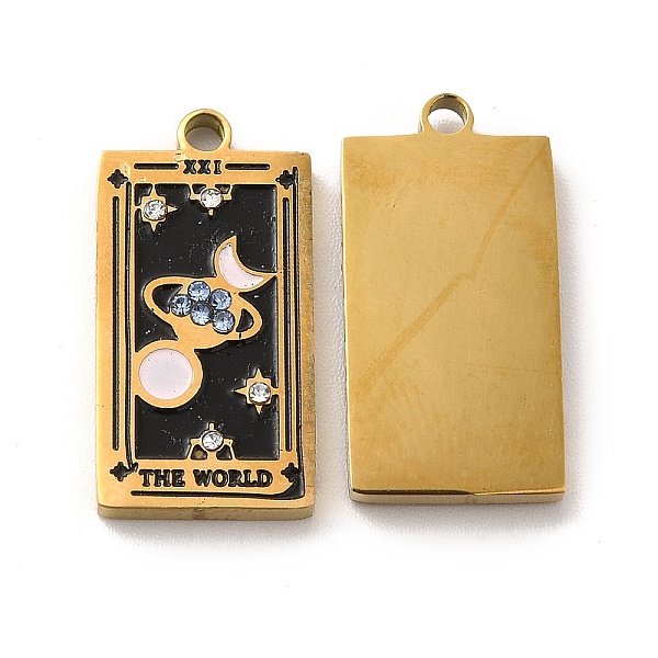 

PandaHall 304 Stainless Steel Pendants, with Enamel and Rhinestone, Golden, Rectangle with Tarot Pattern, The World XXI, Black, 21x10.5x2mm...