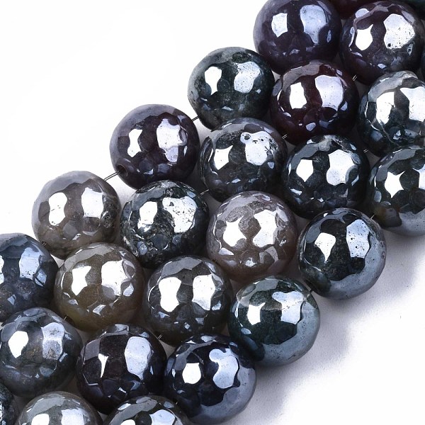PandaHall Natural Agate Beads Strands, Pearl Luster Plated, Faceted, Round, Gray, 9~10mm, Hole: 1mm, about 37pcs/strand, 14.17 inch~14.57...