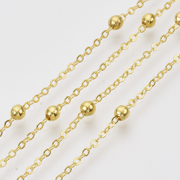 

PandaHall Brass Coated Iron Cable Chains, Satellite Chains, with Brass Round Beads, Soldered, with Spool, Flat Oval, Golden, 2.2x1.7x0.7mm...