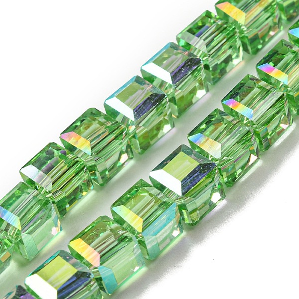 

PandaHall Electroplate Glass Beads Strands, Half Rainbow Plated, Faceted, Cube, Light Green, 7~7.5x7~7.5x7~7.5mm, Hole: 1mm Glass Cube