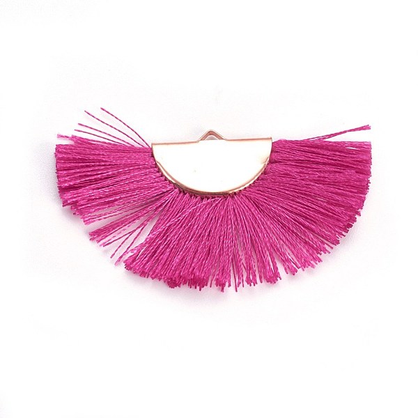 

PandaHall Polyester Tassel Pendant Decorations, Fan Shaped, Golden, Fuchsia, 24.5~28x44~53x3mm, Hole: 3x1.5mm Polyester Pink