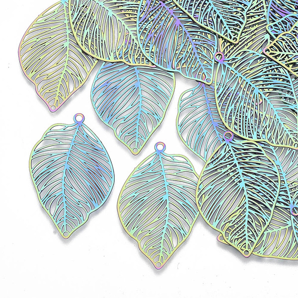 

PandaHall Ion Plating(IP) 201 Stainless Steel Filigree Pendants, Etched Metal Embellishments, Tropical Leaf Charms, Monstera Leaf, Rainbow...