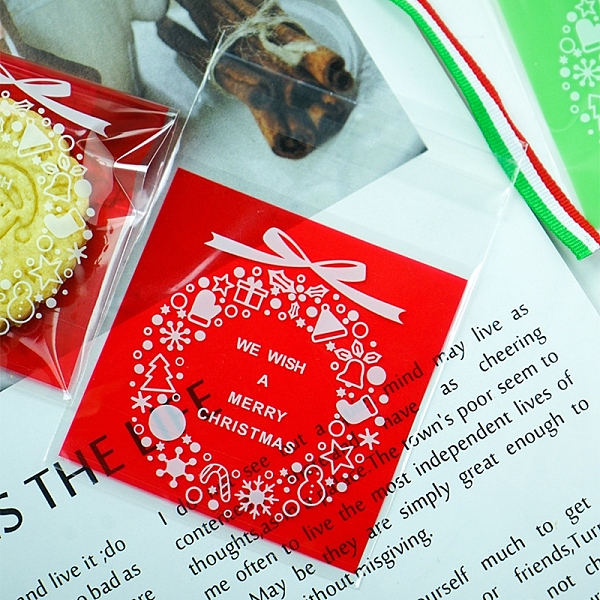 

PandaHall Christmas Theme Square Self-Adhesive Plastic Cookie Bags, for Baking Packing Bags, Christmas Wreath Pattern, Red, 70x70mm(below...