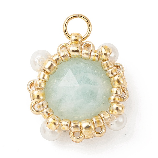 

PandaHall Natural Amazonite Pendants, Faceted Flat Round Charms with TOHO Round Seed Beads and Round Shell Pearl Beads Wrapped, Real 18K...