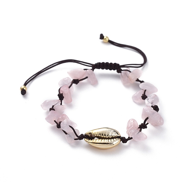 PandaHall Adjustable Chip Natural Rose Quartz Braided Bead Bracelets, with Electroplated Cowrie Shell Beads, Golden Plated Brass Beads and