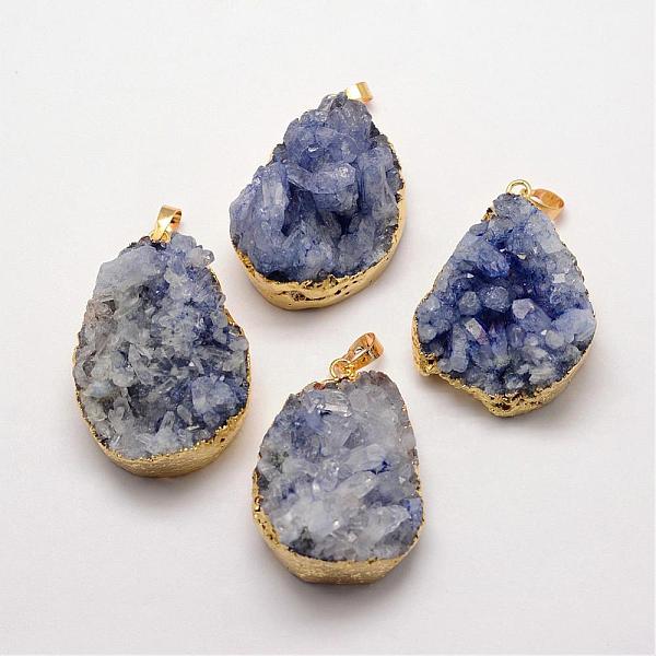 

PandaHall Electroplate Natural Druzy Quartz Crystal Pendants, Dyed, with Golden Plated Brass Finding, Drop, Slate Blue, 32~62x20~35x16~29mm...