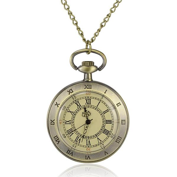 

PandaHall Flat Round Alloy Quartz Pocket Watches, with Iron Chains and Lobster Claw Clasps, Antique Bronze, 31.4 inch, Watch Head...