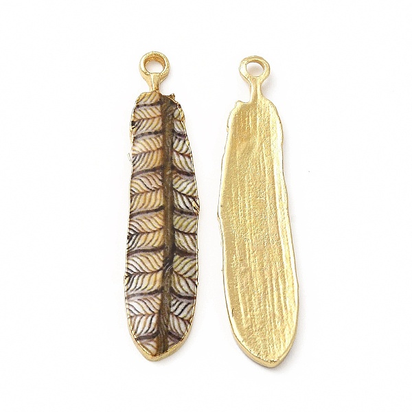 

PandaHall Rack Plating Alloy Pendants, Printed, Lead Free & Cadmium Free & Nickel Free, Feather Charm, Light Gold, BurlyWood, 36.5x8x1.5mm..., Orange