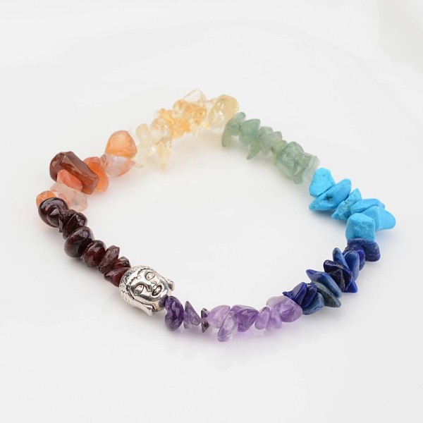 

PandaHall Chakra Natural Gemstone Beaded Stretch Bracelets, with Tibetan Style Buddha Beads, 2 inch(5.2cm) Mixed Stone