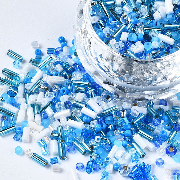 

PandaHall Glass Seed Beads, Mixed Style, Mixed Shapes, Dodger Blue, 1~7x2~4mm, Hole: 0.7~1mm, about 450g/pound Glass Mixed Shapes