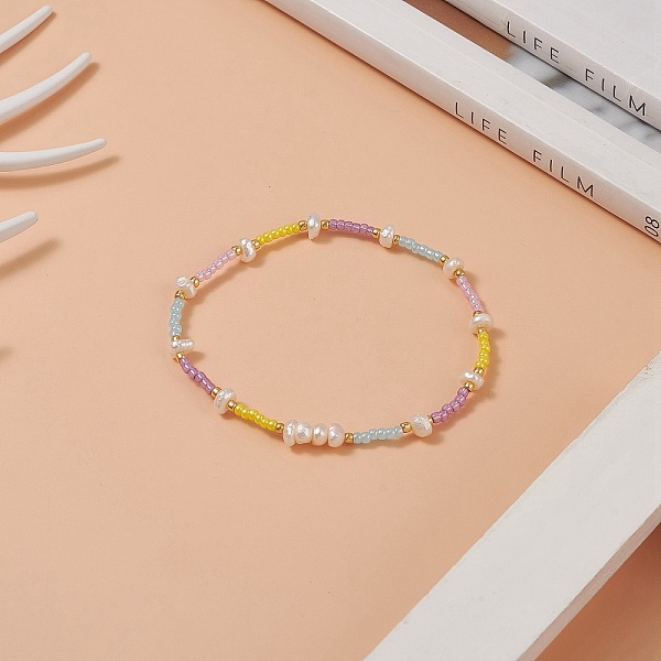 

PandaHall Natural Pearl & Glass Seed Beaded Stretch Bracelet for Women, Colorful, Inner Diameter: 2 inch(5.2cm) Pearl