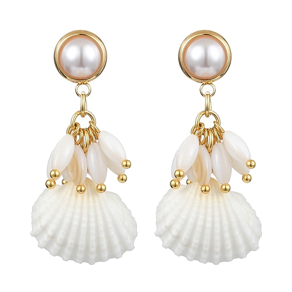 

PandaHall Alloy Dangle Stud Earrings, Natural Shell & Pearl Cluster Earrings, Golden, 40~44x20~21mm Shell Shell Shape