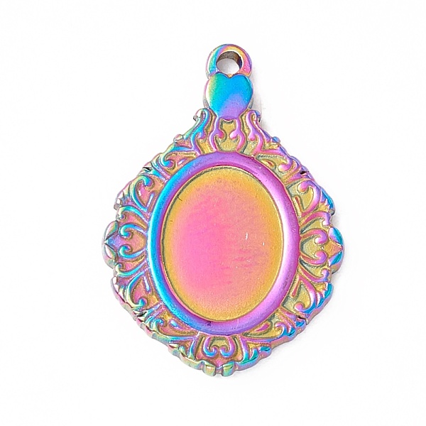 

PandaHall Ion Plating(IP) Rainbow Color 304 Stainless Steel Pendants Cabochon Seetings, Oval, Tray: 10x7.5mm, 22x15x1.5mm, Hole: 1.4mm 304...