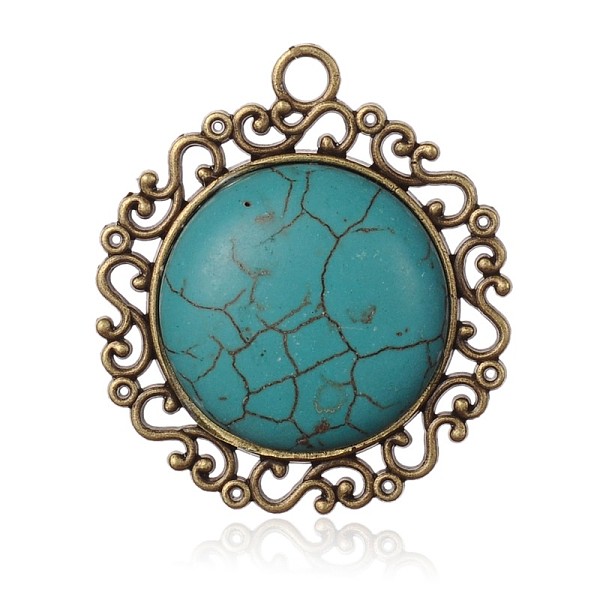 

PandaHall Flat Round Antique Bronze Plated Alloy Synthetic Turquoise Pendants, Nickel Free, 41x37x6mm, Hole: 3mm Synthetic Turquoise Flat..., Cyan