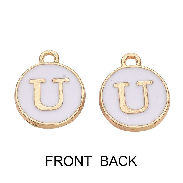 

PandaHall Golden Plated Alloy Charms, with Enamel, Enamelled Sequins, Flat Round, White, Letter.U, 14x12x2mm, Hole: 1.5mm, 50pcs/Box...